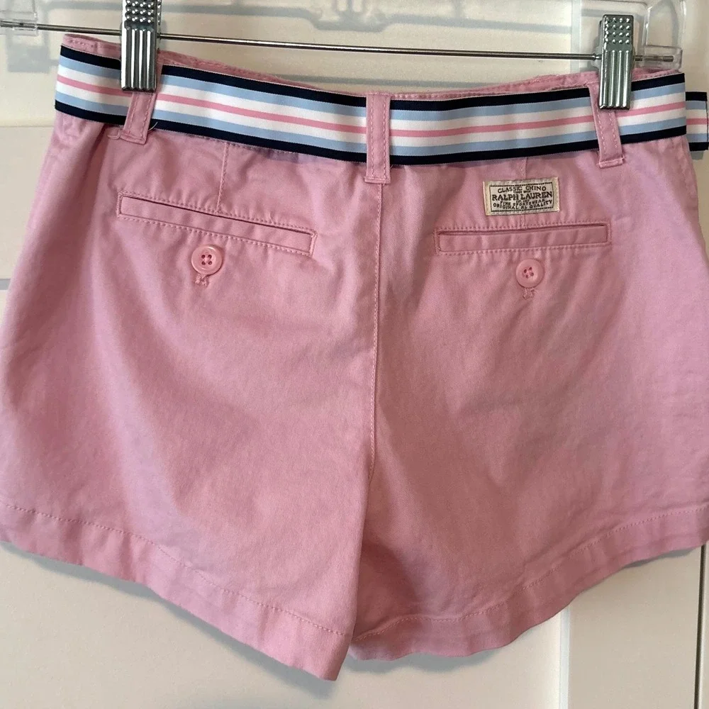 Polo Ralph Lauren Girl's Pink Cotton Blend Chino Shorts Striped Belt Size 12
